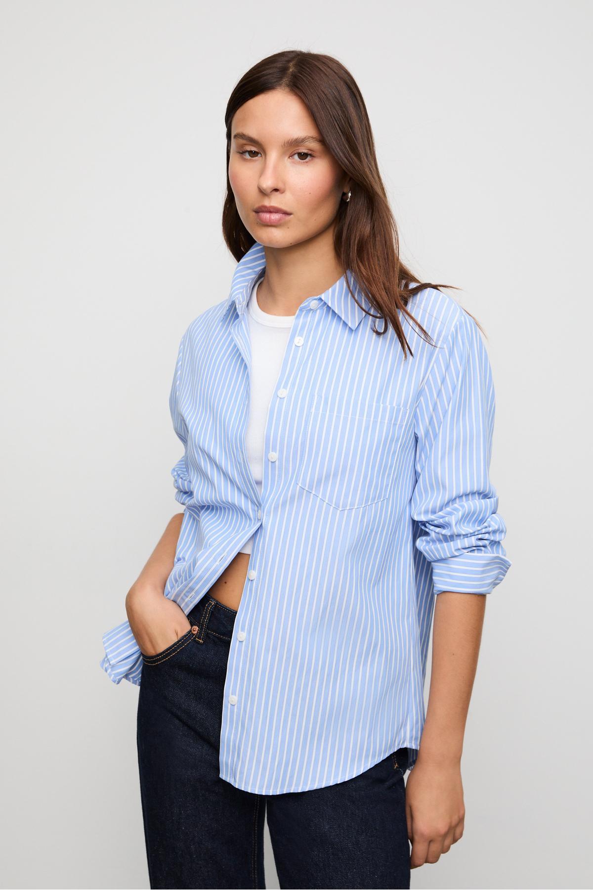 Stradivarius  Basic çizgili poplin cepli gömlek - Görsel 2