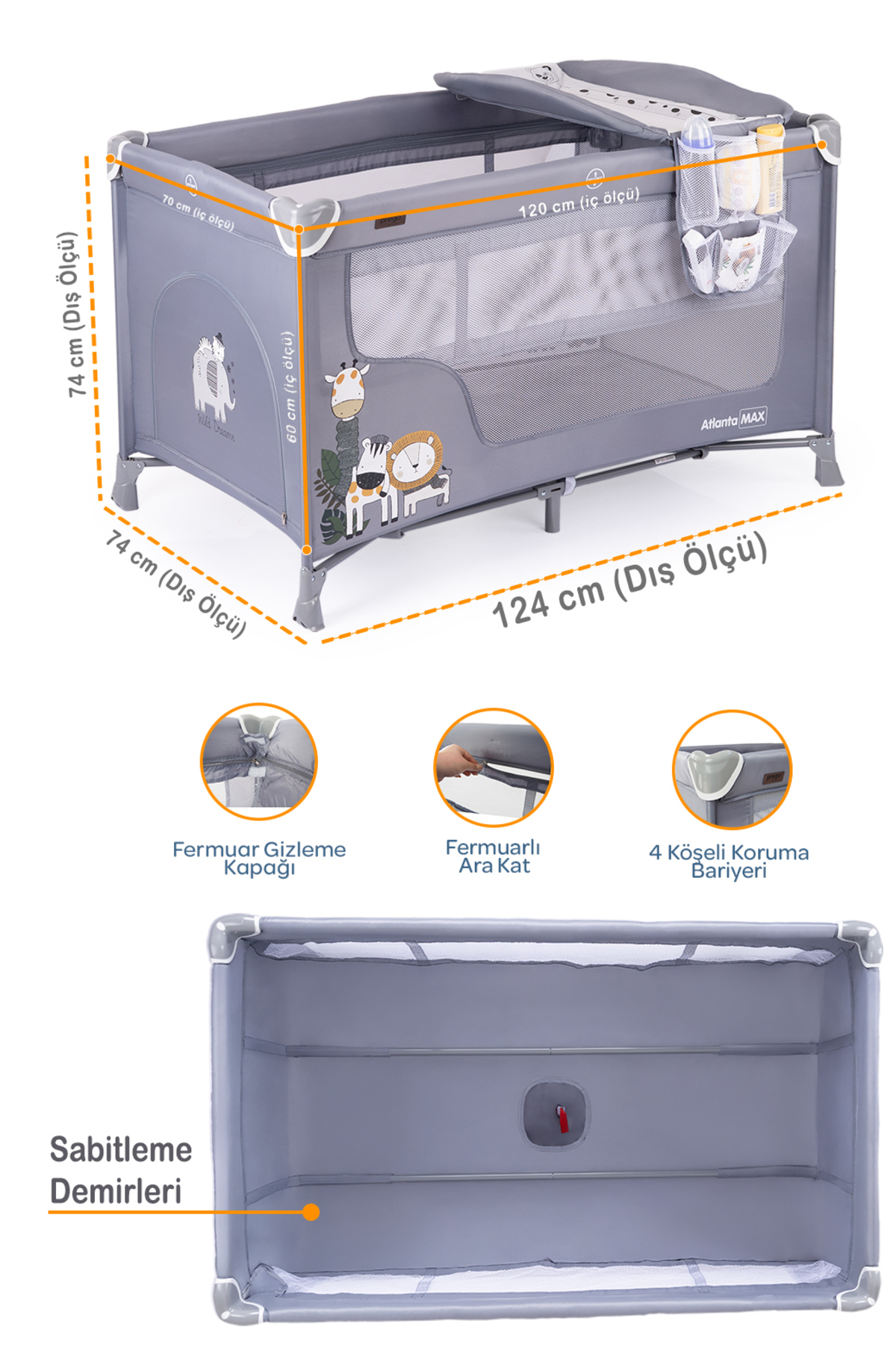 Prego Atlanta Park Yatak Oyun Parkı 70x120 cm - Sallanır Katlanabilir Beşik + Yatak Hediyeli fotoğrafı 6 (önizleme)