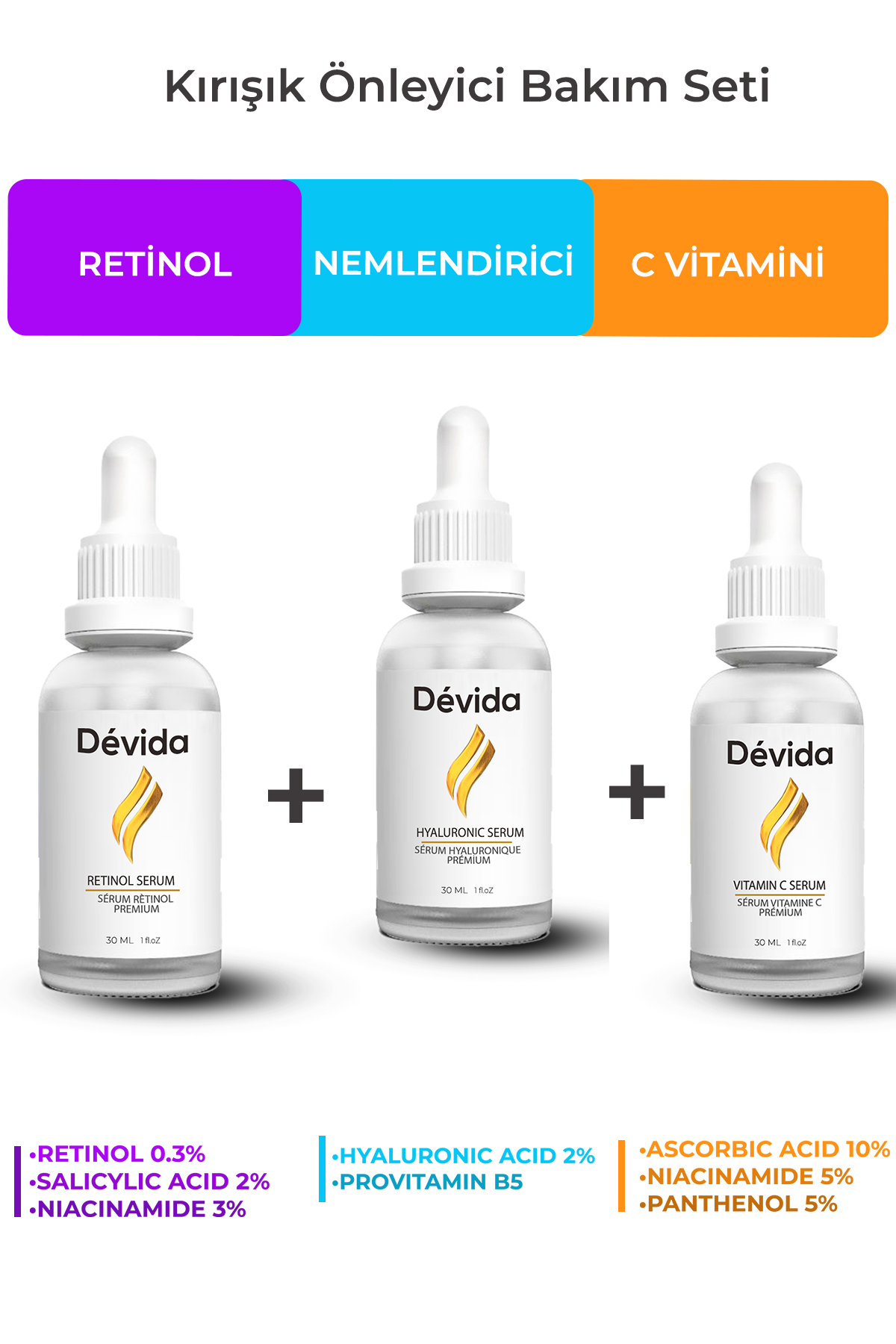 Devida Retinol+Nemlendirici+C Vitamini Serum 3 lü Set Kırışıklık Alın Çizgisi Göz Çevresi — DA2601-A53