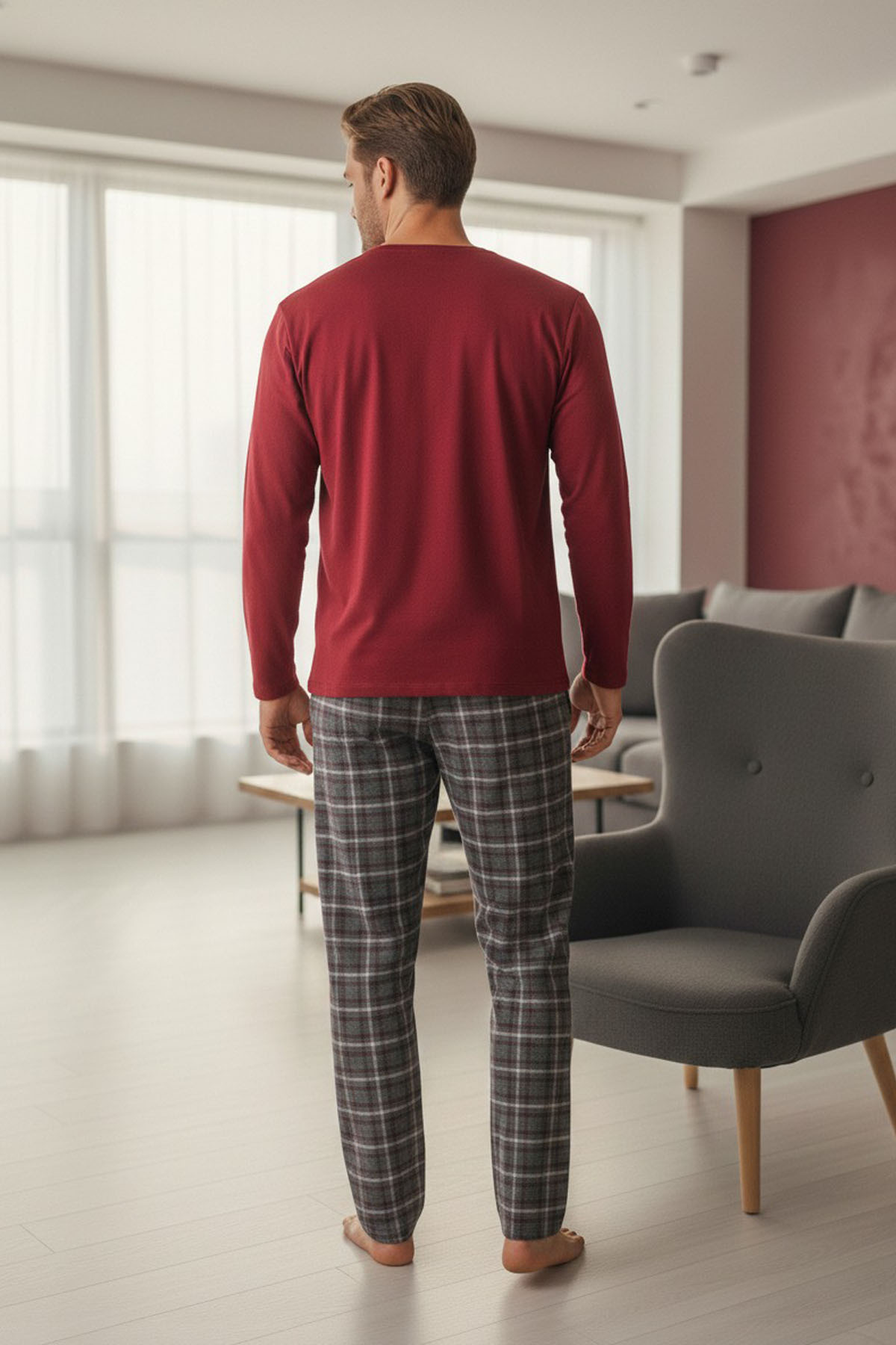 Siyah İnci  ERKEK bordo antrasit ekose Ayıcık Baskılı Örme Pijama Takım 7959 - Görsel 3