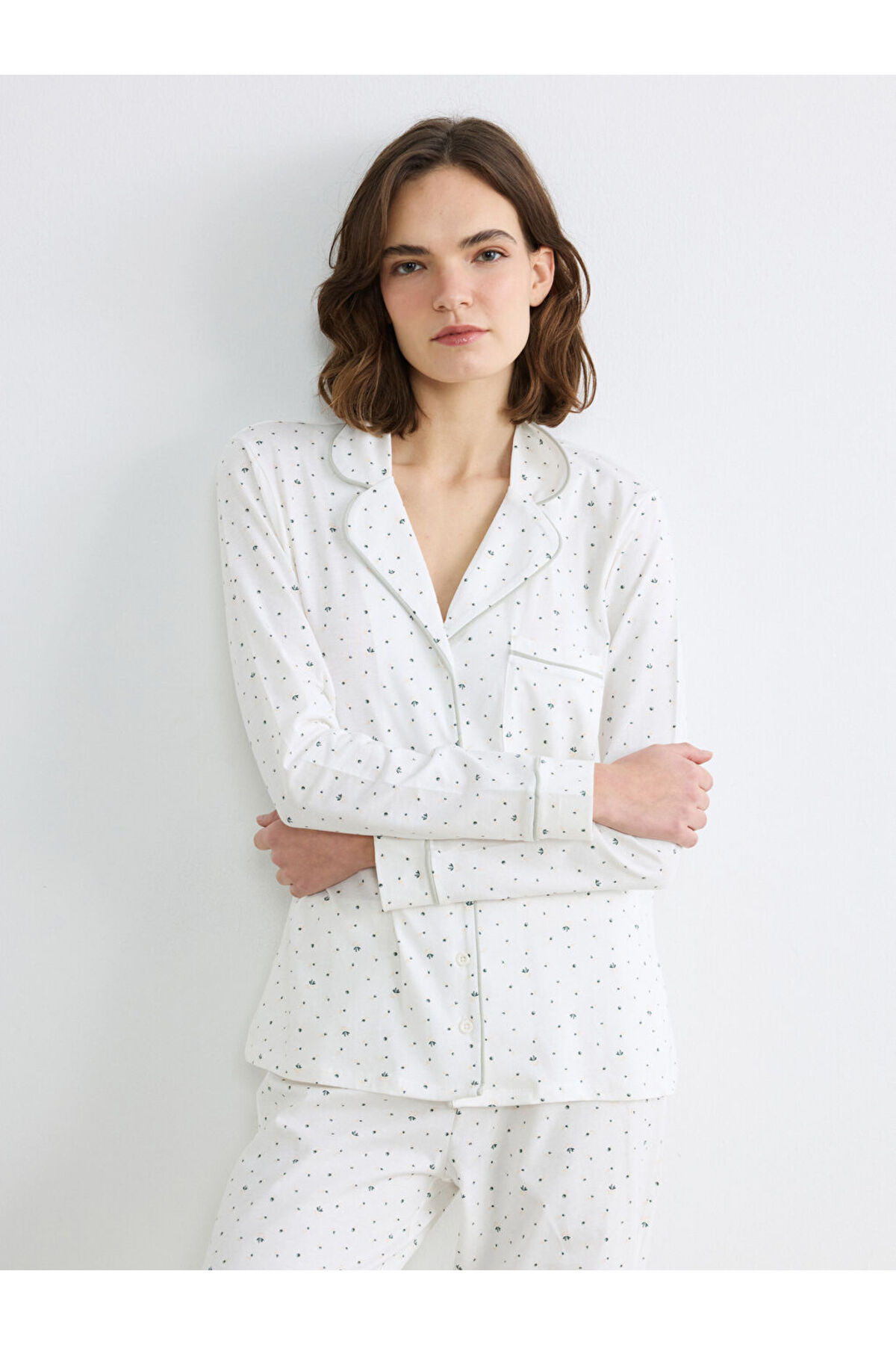 LC Waikiki Ecru Shirt Collar Floral Women's Pajama Set