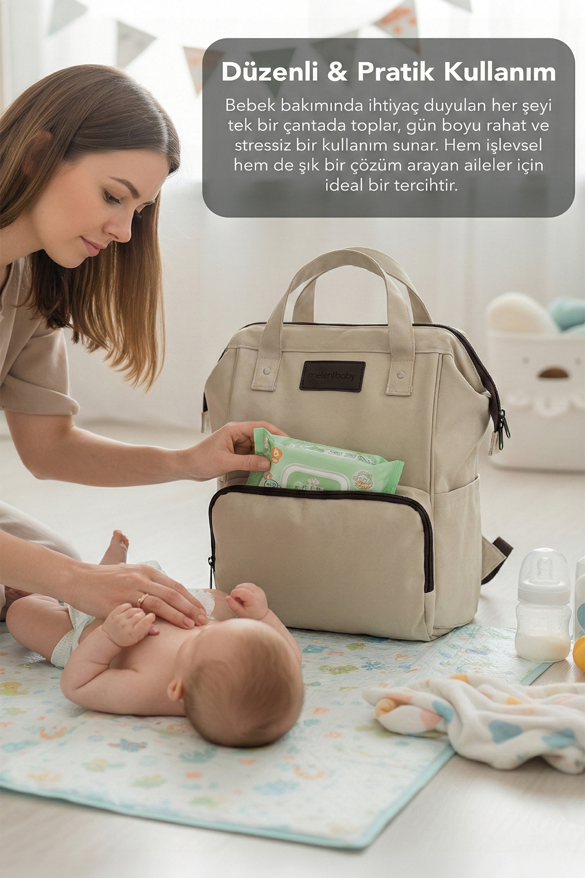 Meleni Baby Anne Bebek Bakım Sırt Çantası - Bebek Arabası Askı Aparatlı Biberon Bölmeli Sırt Çantası Bej fotoğrafı 5 (önizleme)
