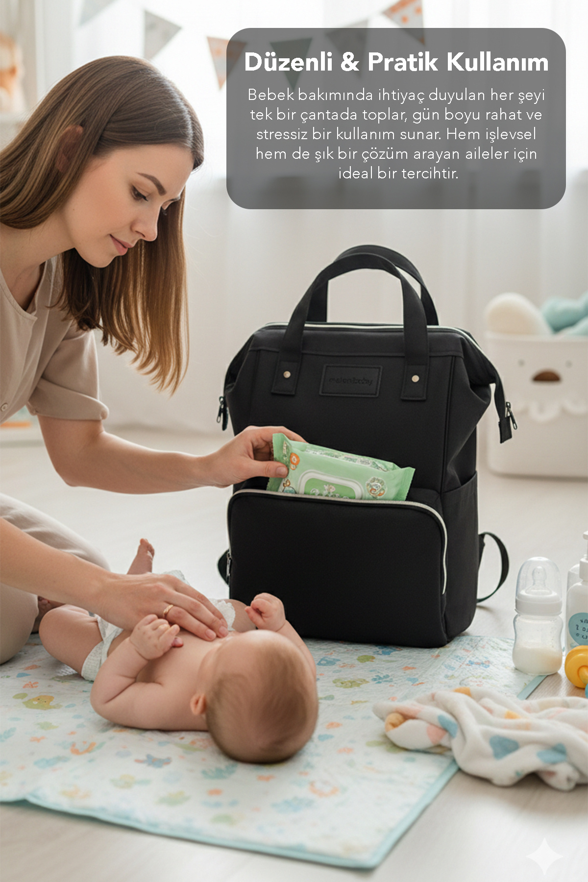 Meleni Baby Anne Bebek Bakım Sırt Çantası - Bebek Arabası Askı Aparatlı Biberon Bölmeli Sırt Çantası Siyah fotoğrafı 5 (önizleme)