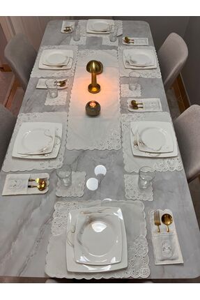 HARD RUBY Amerikan servis Dantelli nakış işlemeli gardenya kumaş 6 kişilik 19...