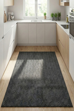 Raschel Carpet Premium Yıkanabilir Leke Tutmaz Yaprak Emboss Koyu Gri Mutfak ...