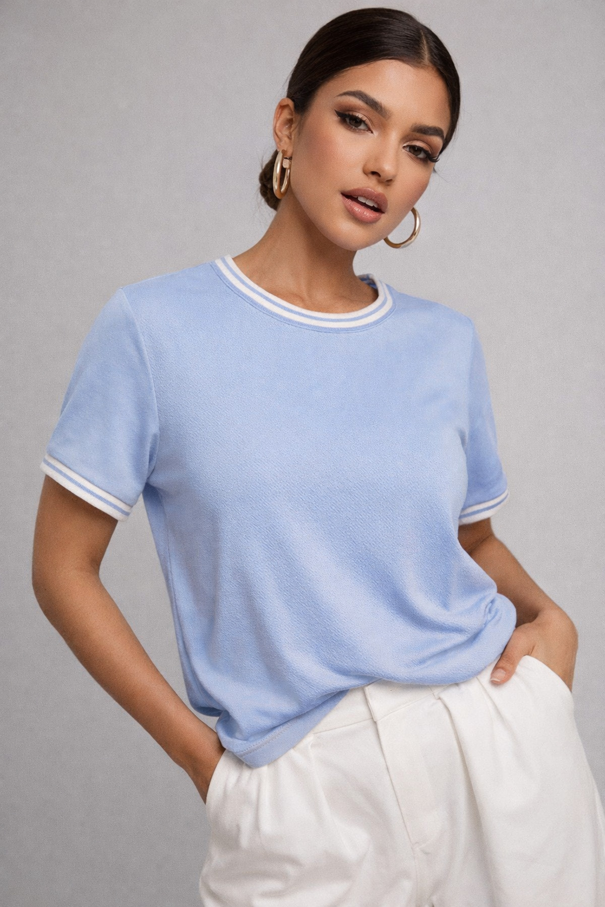 Rich  Kadın Mavi Bisiklet Triko Yaka Kısa Kollu Basic T-Shirt - Görsel 4