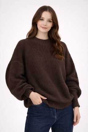 UZÇE MODA Kahverengi Renk Bisiklet Yaka Oversize Kadın Triko Kazak