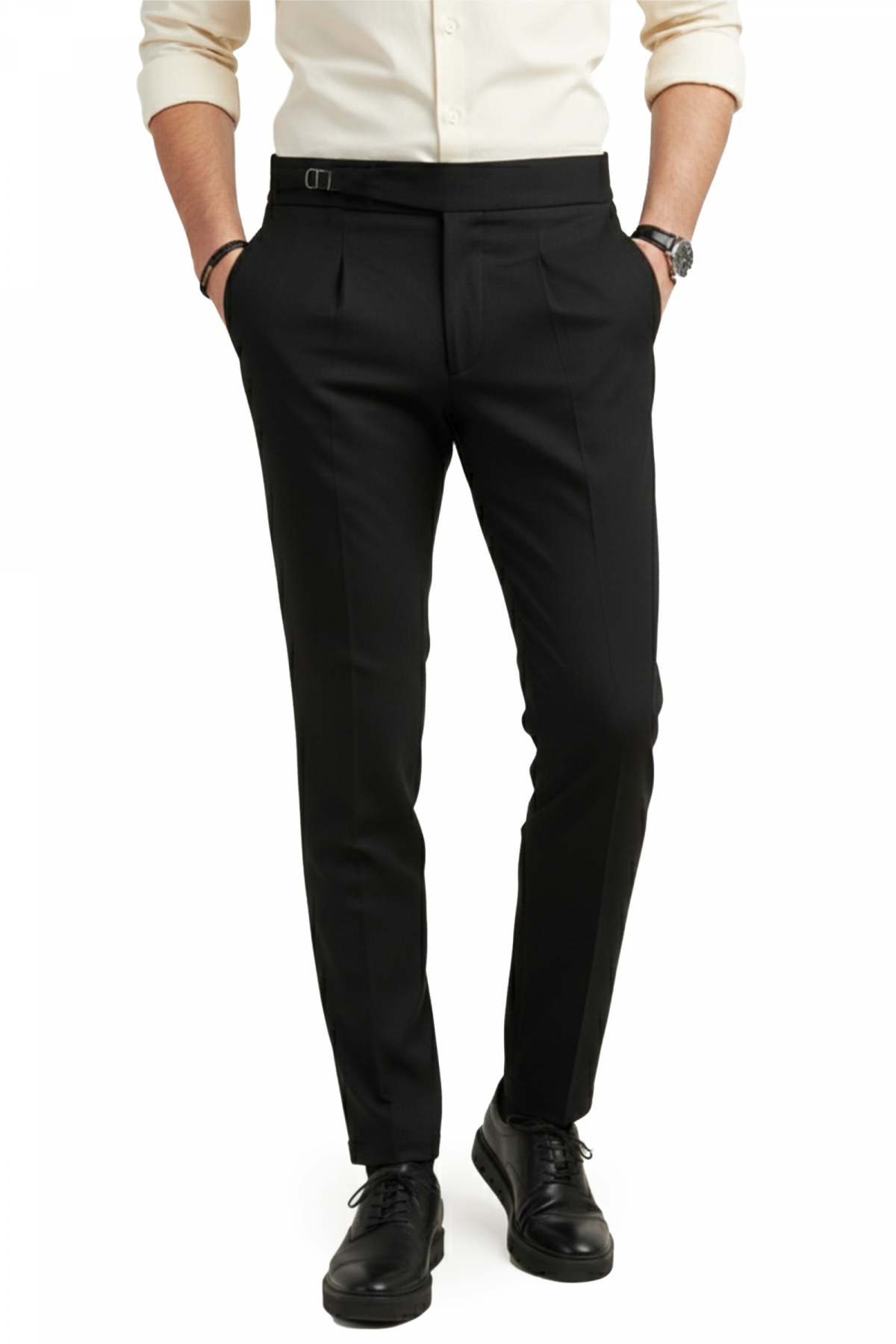 DeepSea  Erkek Siyah Likralı İtalyan Kesim Pileli Kemer Tokalı Şık Kumaş Pantolon 2601020