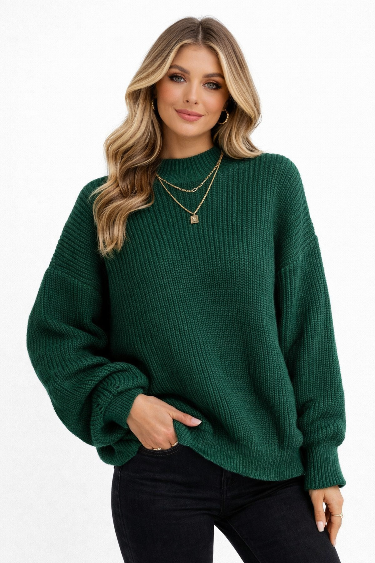 KAREL BUTİK  Yeşil Bisiklet Yaka Oversize Kadın Triko Kazak