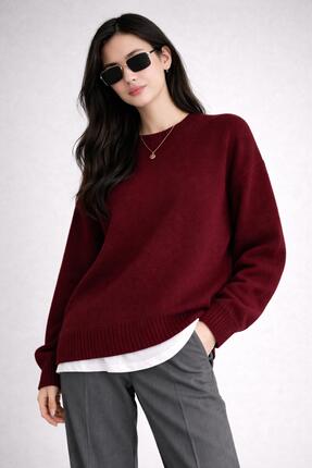 Kırlangıç Moda Bordo Oversize Bisiklet Yaka Kadın Triko Kazak