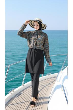 new ats Tam Kapalı Tesettür Mayo Etnik Desenli 4,lü Takım Boneli