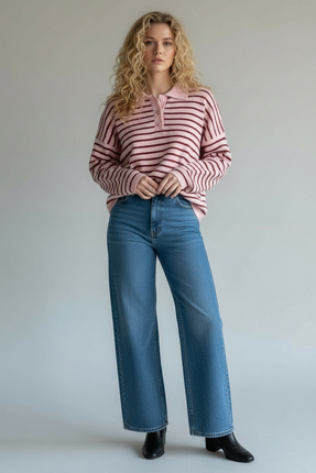 Nostos Algos Pembe Özel İplikli Polo Yaka Çizgili Triko Kazak