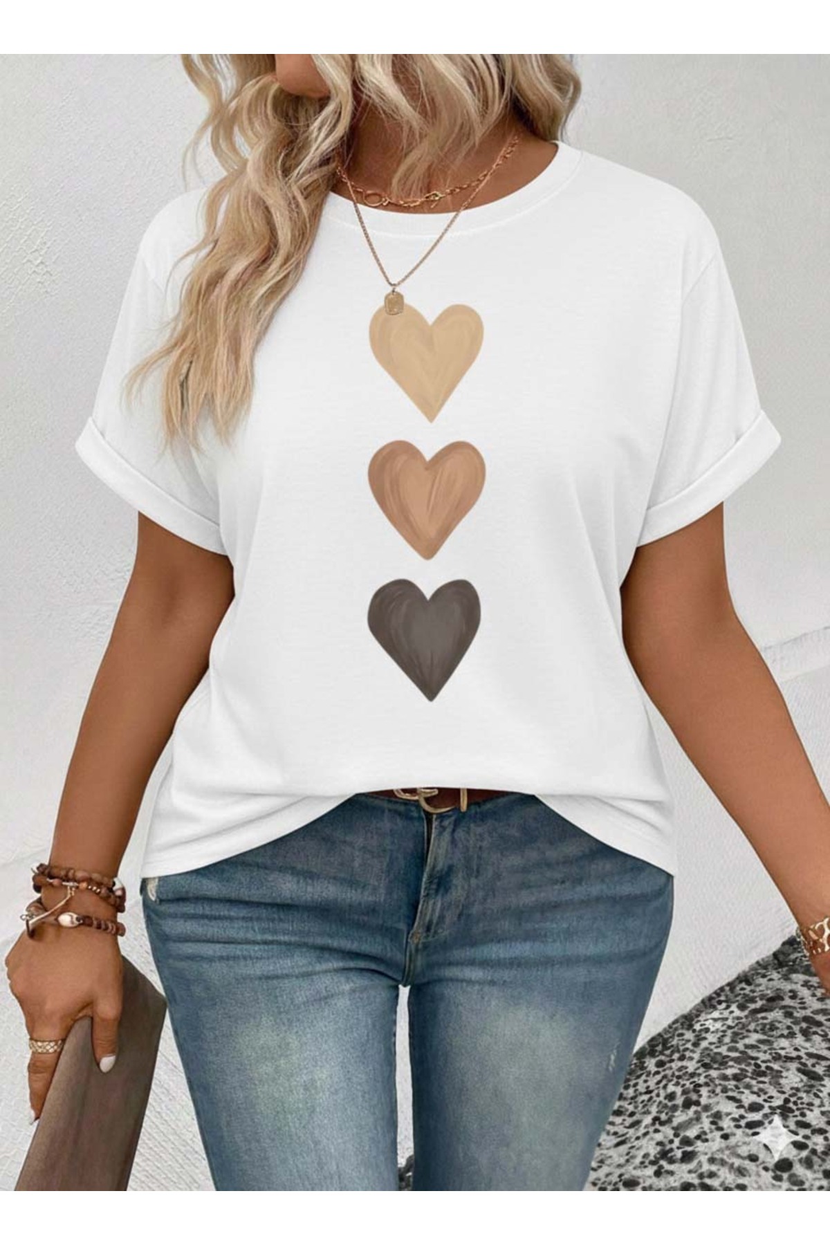 Trend Sizde Unisex belo trostruko srce Štampano okrugla kragna T-shirt