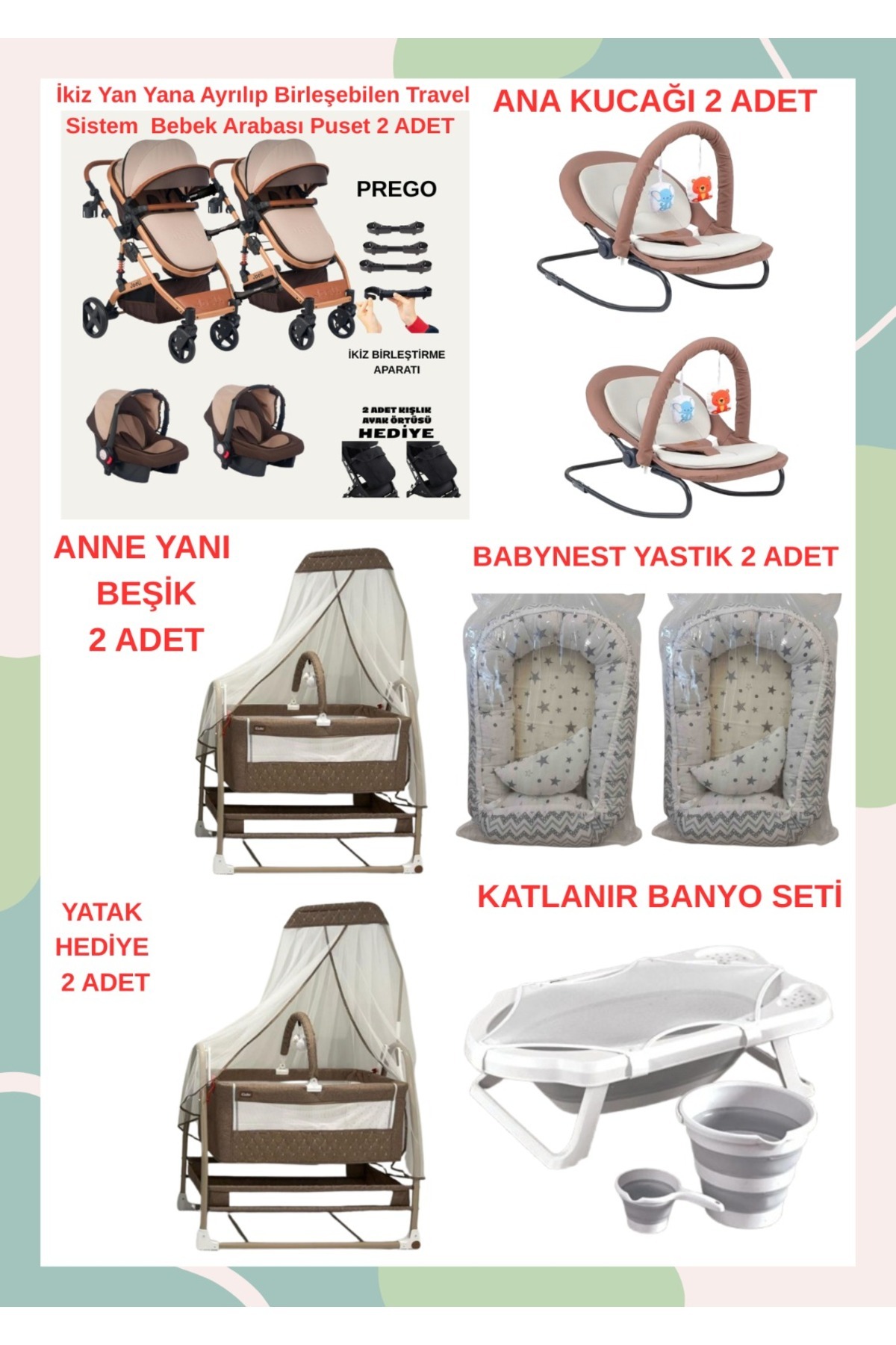 TURHANBEBE Yeni Doğan İkiz Bebek Çeyiz Seti Beşik Bebek Arabası