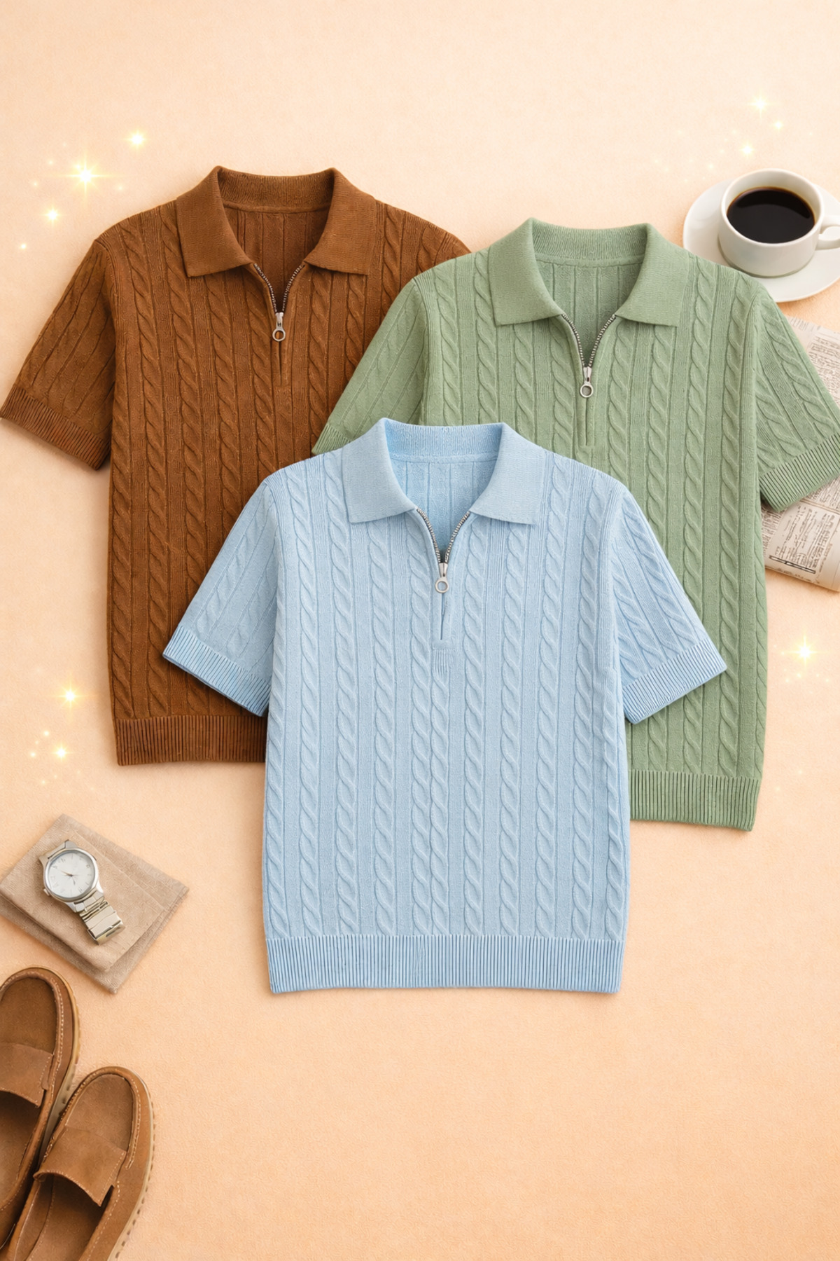 Men's 3-Piece Polo Neck Knit Pattern Knitwear Regular Cotton Multicolor T-shirt