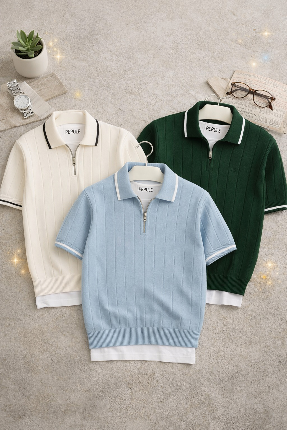 pepule  Erkek 3'lü SİYAH BEYAZ BEJ Polo Yaka Triko Dokulu yarım fermuarlı Regular Pamuklu Çok Renkli T-shirt - Görsel 2