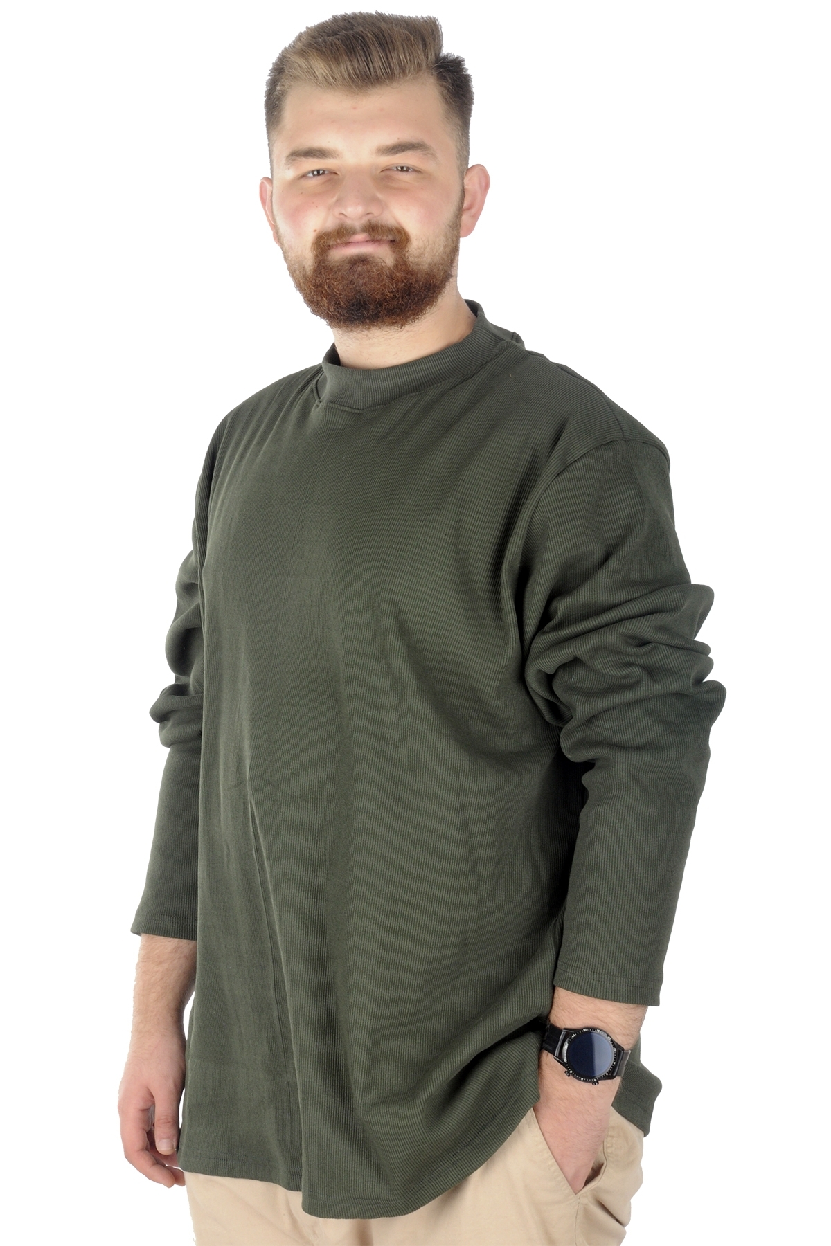 ModeXL Mode XL Büyük Beden Uzun Kol Yarım Balıkçı Kazak 22558 Haki görsel 2