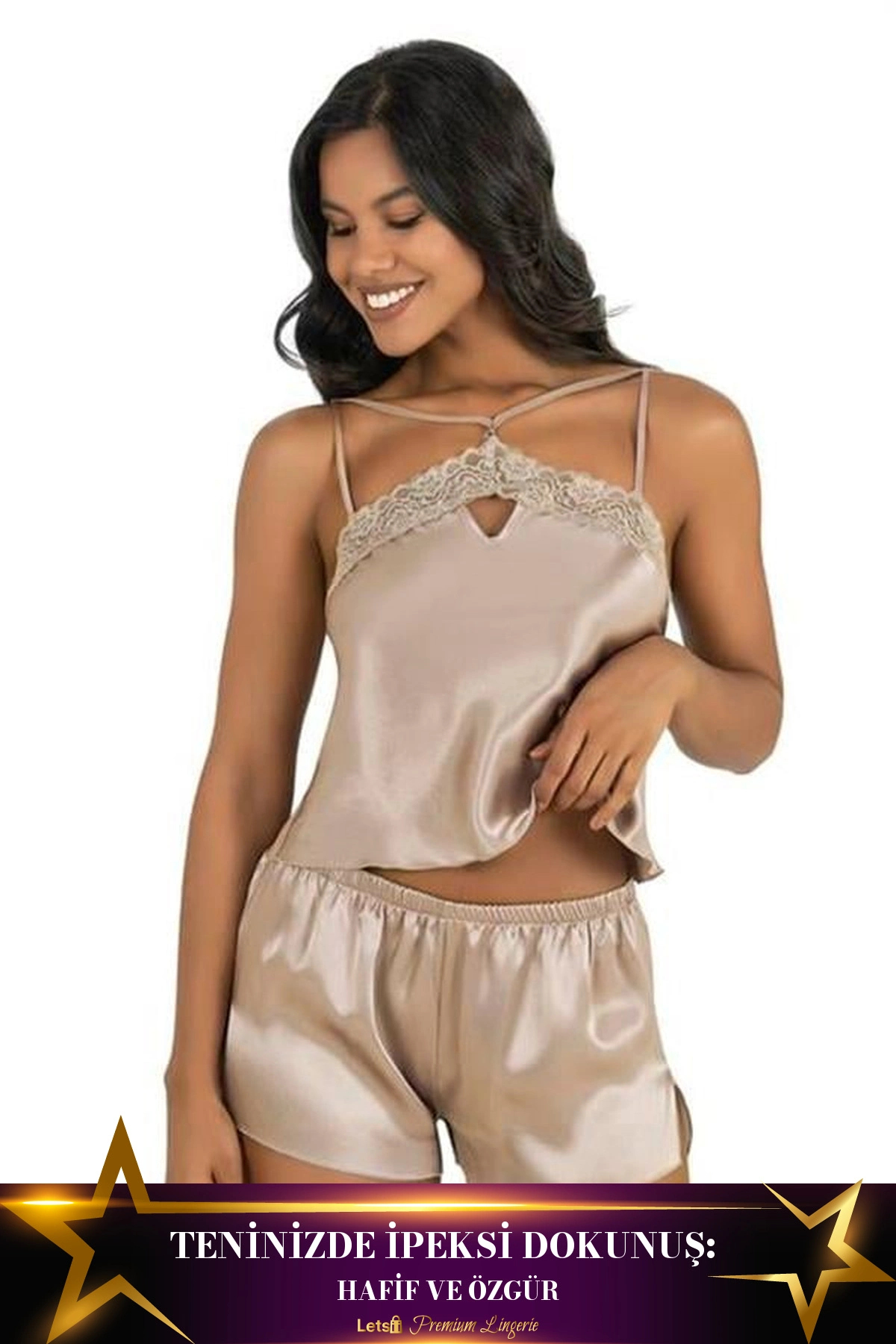 Letsii Saten Şortlu Takım İki Parça Günlük Kullanım Taş Rengi Renk