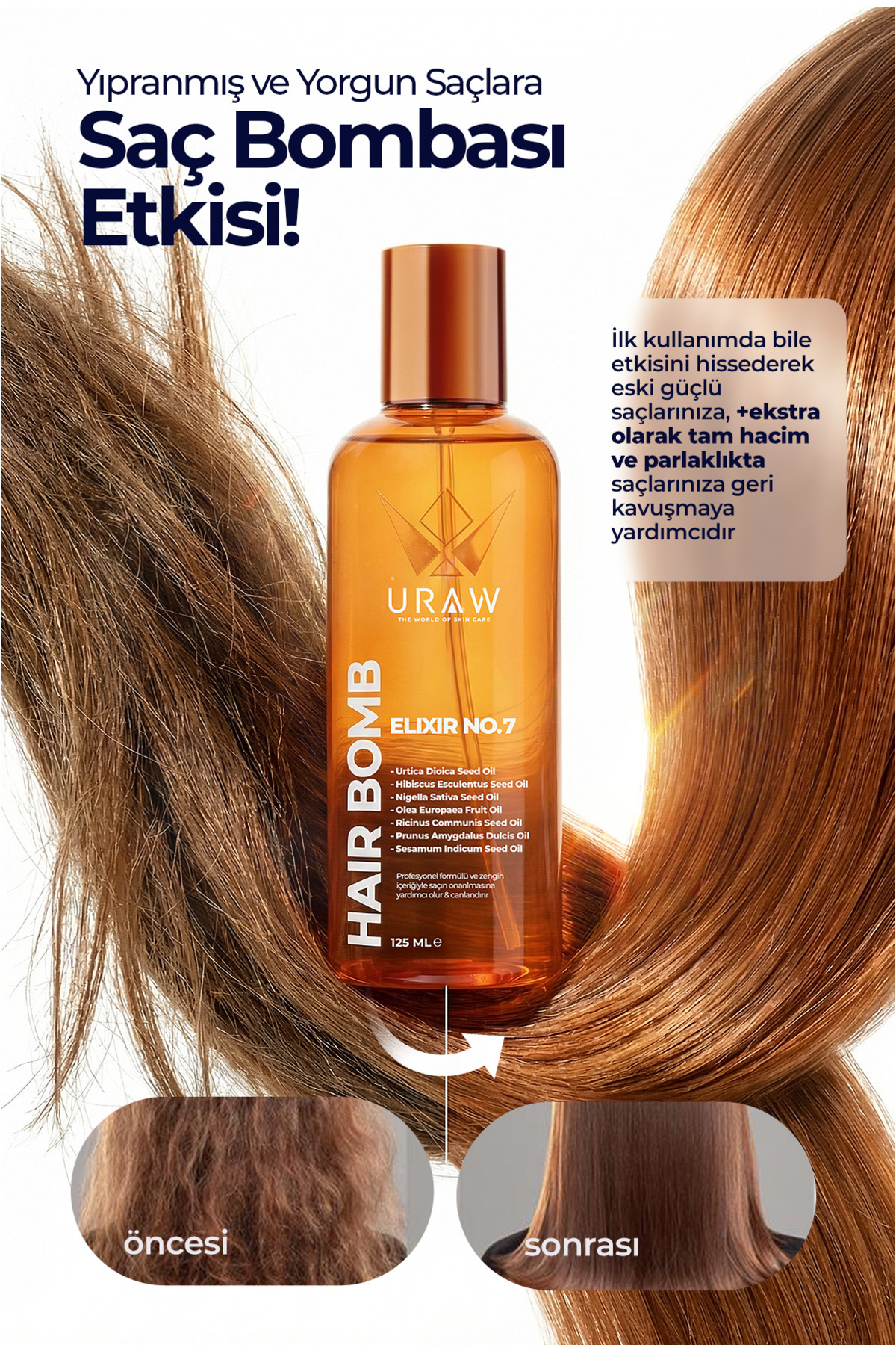 Hair Bomb Saç Bakım Yağı | Yeniden Yapılandırıcı ve Besleyici 125 ml — Urw84 — تصویر 6 از 7