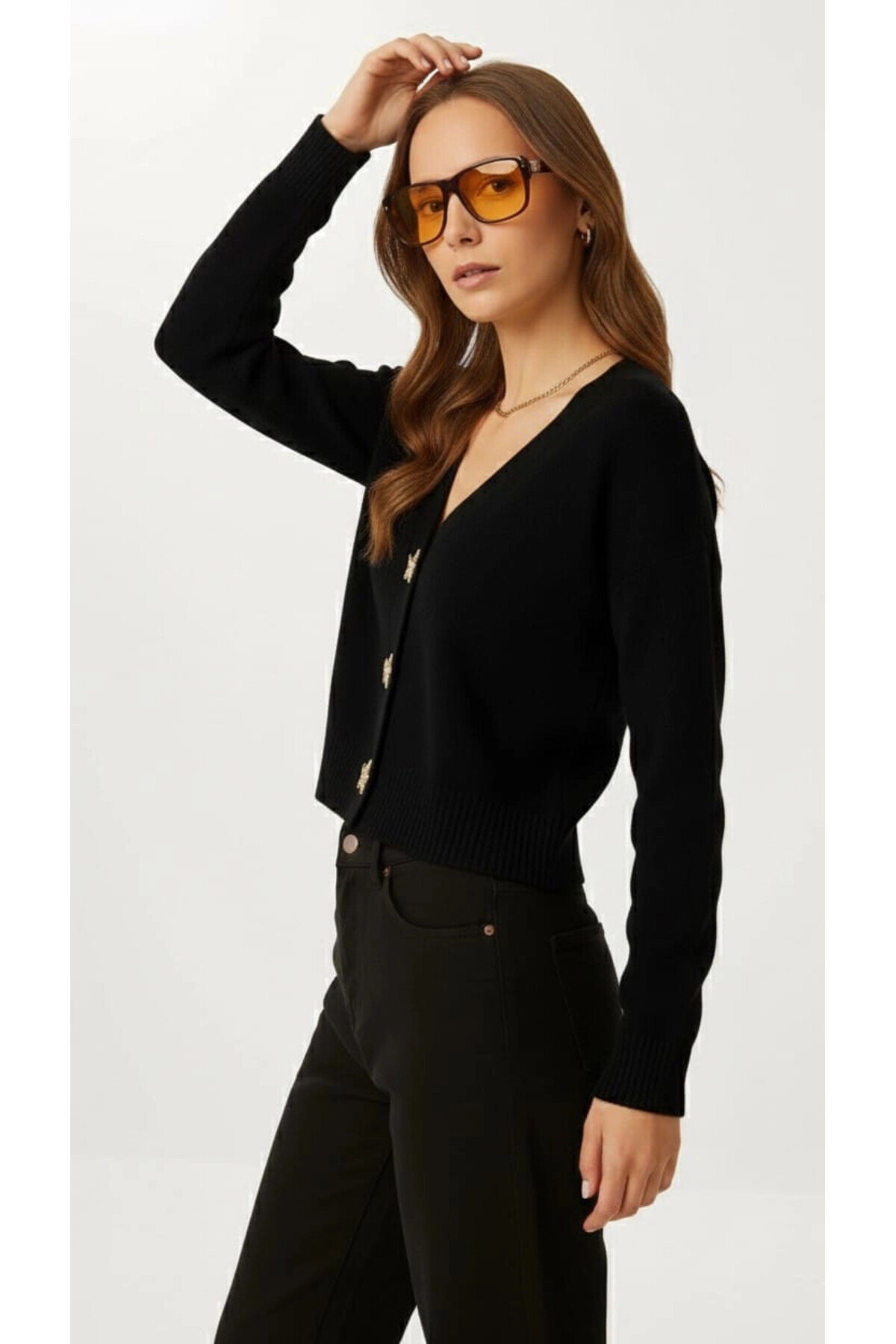 Cool & Sexy  Kadın Yıldız Düğme Detaylı Triko Hırka - Görsel 2