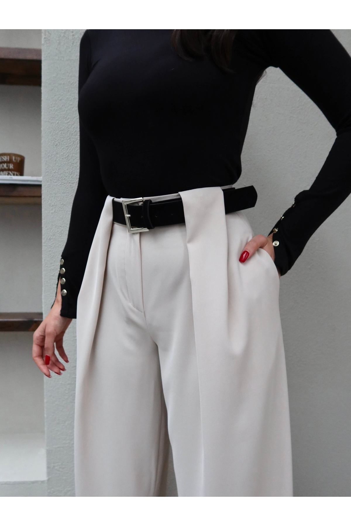 ESRAHELVACI  Köprü Detaylı Kemerli Palazzo Pantolon - Görsel 6