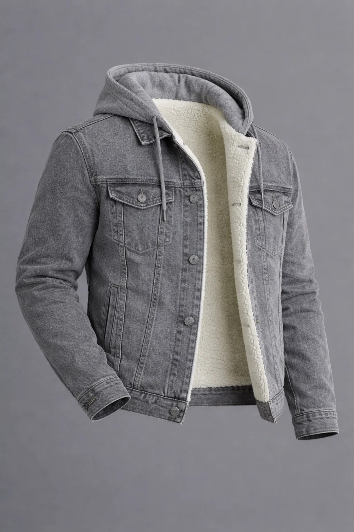 DAMGA JEANS Erkek Kürklü Oversize Gri Kapşonlu Kot Mont görsel 3