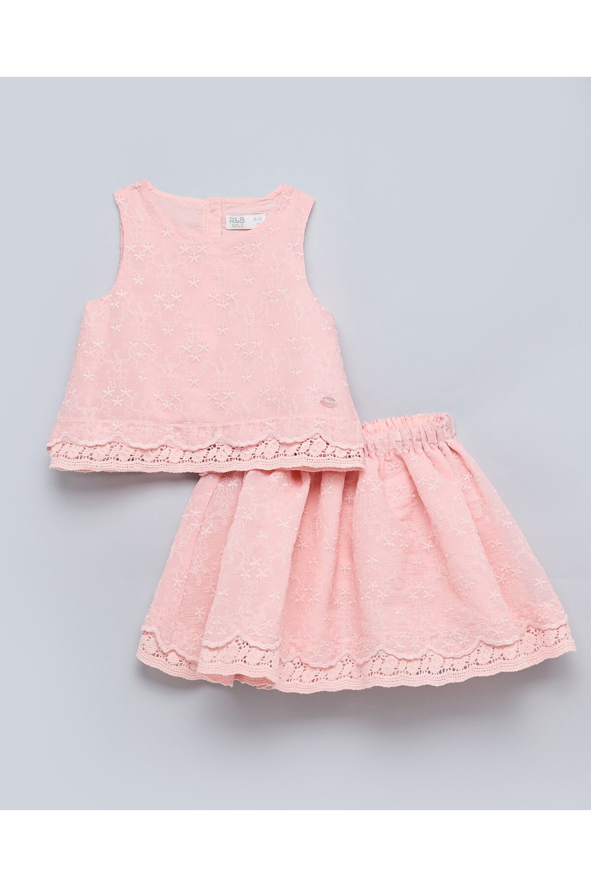 R&B Girl's Pink Lace Trim Top And Skirt Set