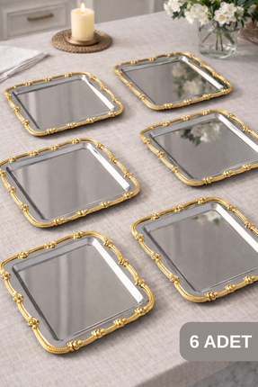 MGEStore 6’lı Kahve Çay Sunum Tepsi Seti Dekoratif Sunum Tepsisi Şık Gold Gül...