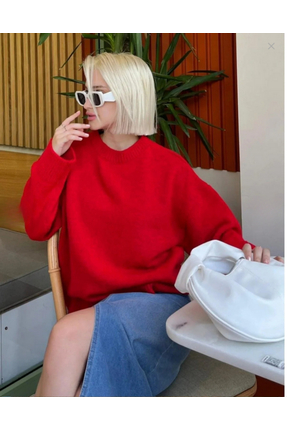 Kırlangıç Moda Kırmızı Oversize Bisiklet Yaka Kadın Triko Kazak