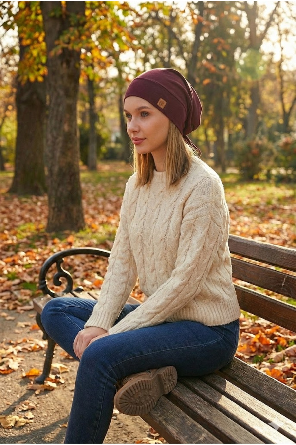 Butikgiz  Kadın Bordo, Ip Detaylı Özel Tasarım 4 Mevsim Şapka Bere Buff -ultra Yumuşak Doğal Penye Kumaş - Görsel 7