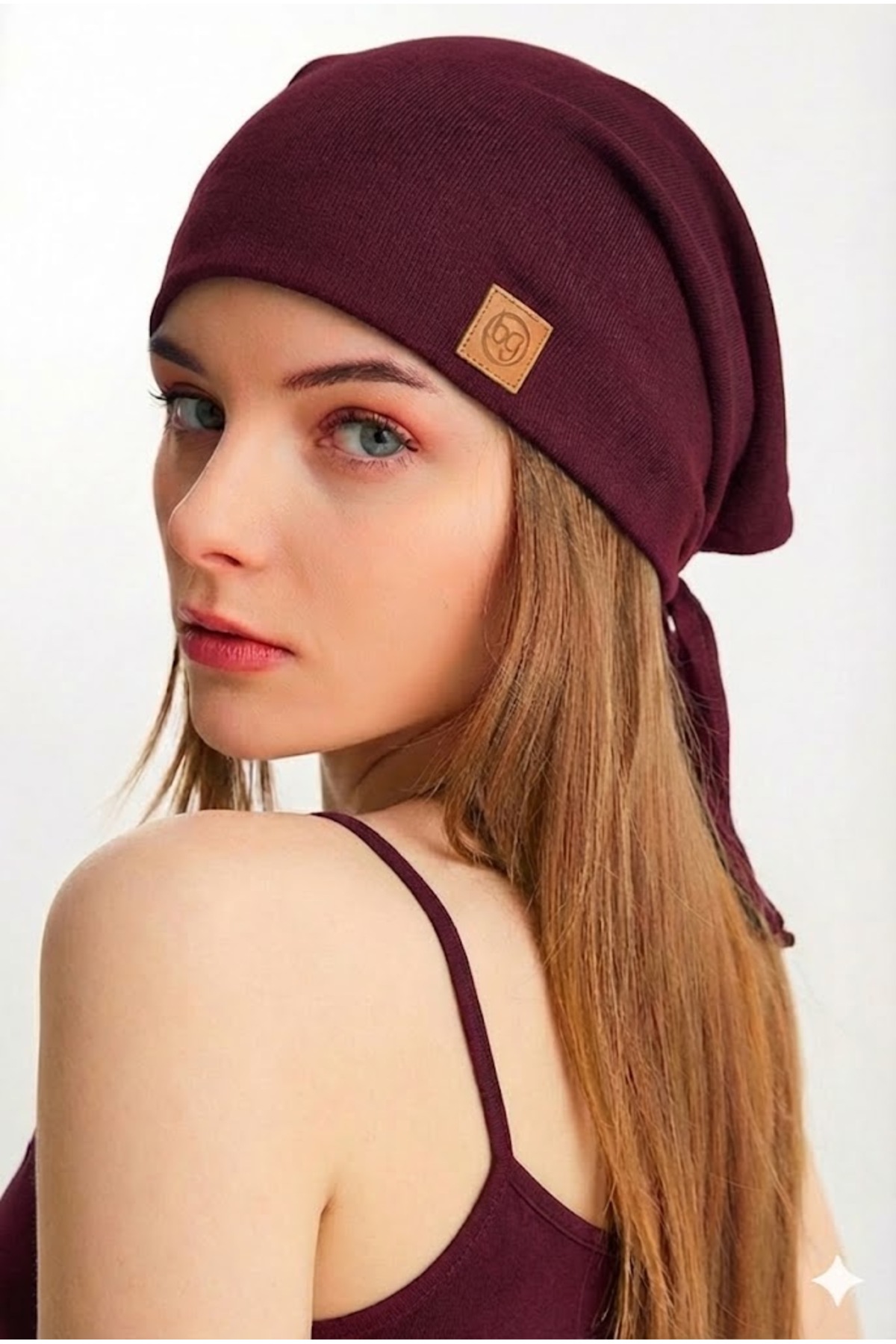 Butikgiz  Kadın Bordo, Ip Detaylı Özel Tasarım 4 Mevsim Şapka Bere Buff -ultra Yumuşak Doğal Penye Kumaş - Görsel 5