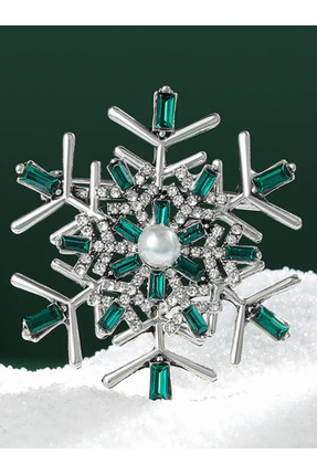 Josellini Zümrüt Yeşili Zirkon Taşlı Kar Tanesi Broşu İnci Detaylı Kadın Yaka...