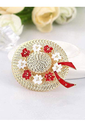 Josellini Çiçekli Hasır Şapka Tasarımlı Kadın Broşu Kırmızı Beyaz Taşlı Yaka ...