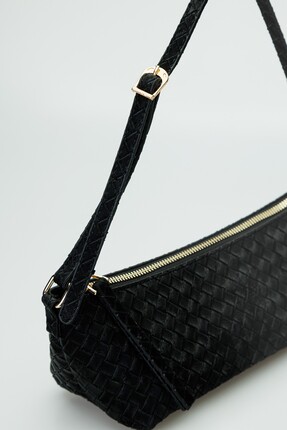 Zeyne Zyn06 Siyah Örgü Desenli Mini Fermuarlı Kadın Omuz ve El Çantası