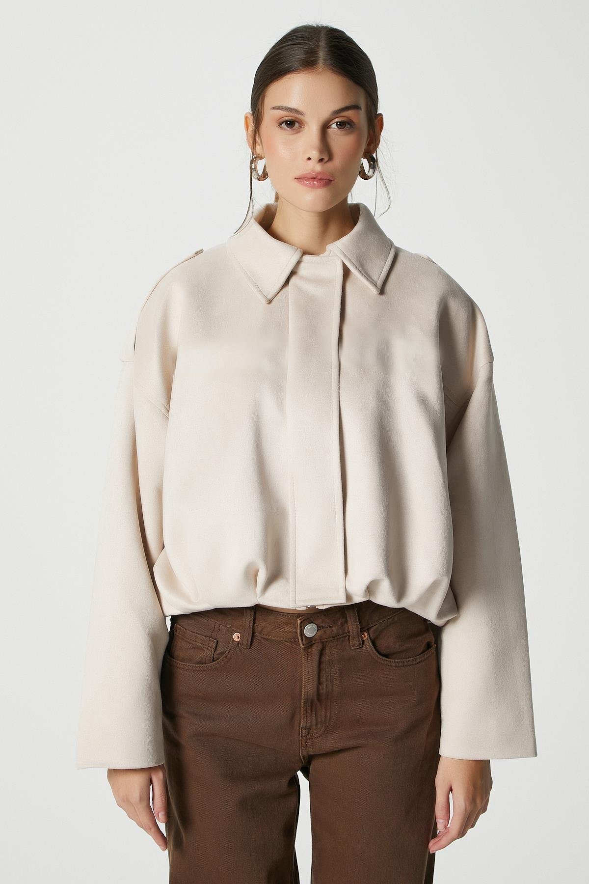 ESLENTA  Oversize Kadın Bomber Süet Deri Ceket - Görsel 2