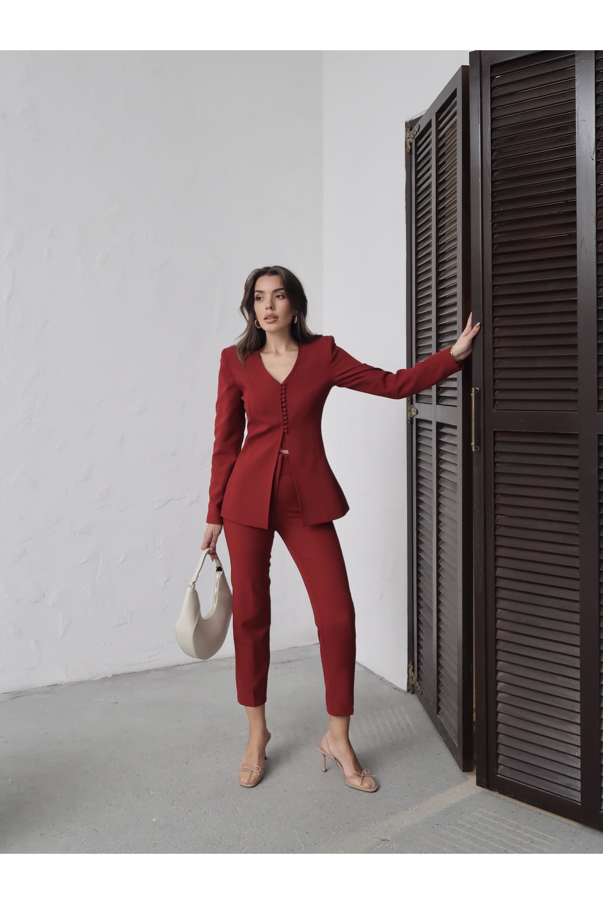 Lina V-Neck Jacket Narrow Leg Pants Set Burgundy