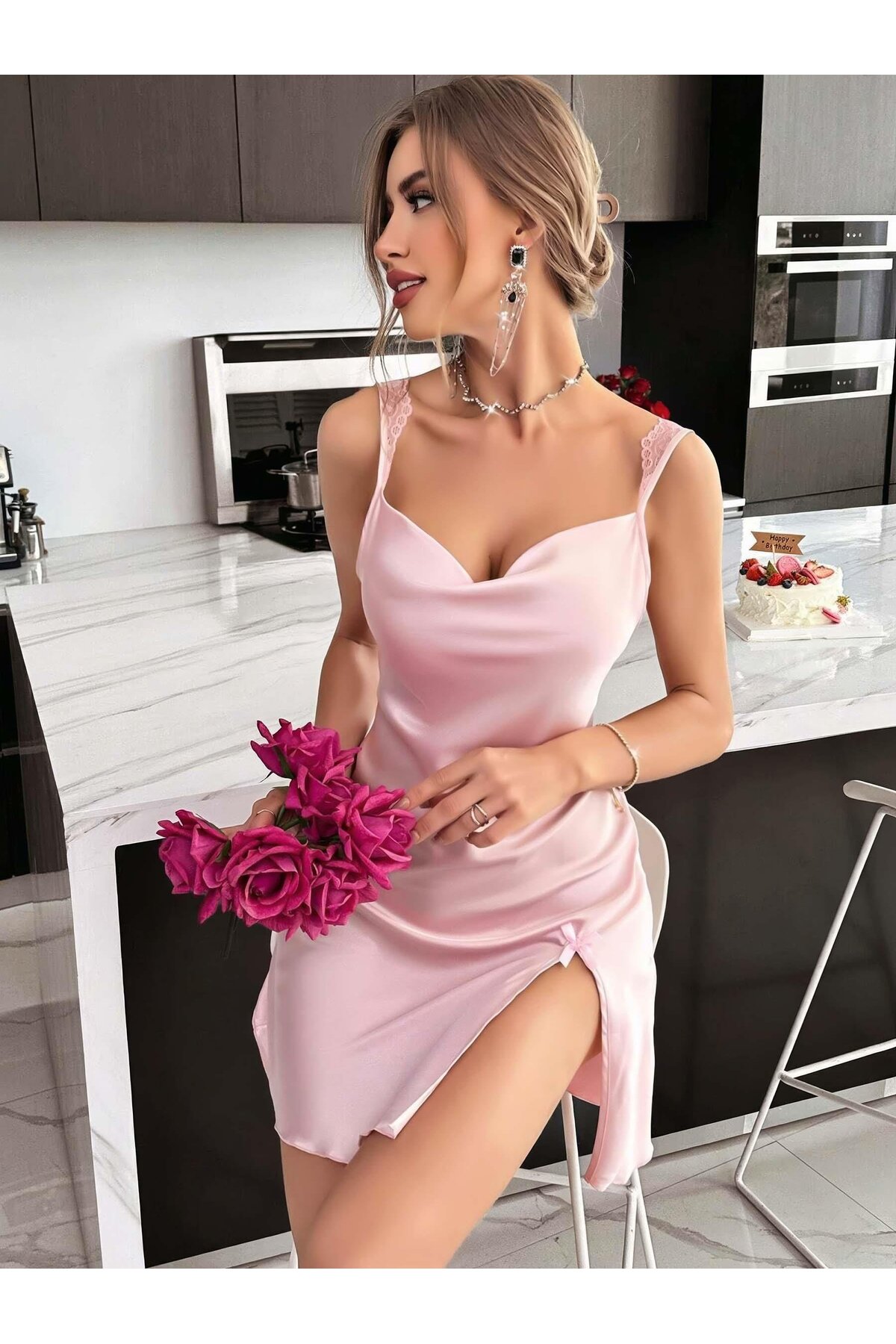 ANG BUTİK Kadın Saten Askılı Dantel Detaylı Gecelik - Pudra Pembe 2224