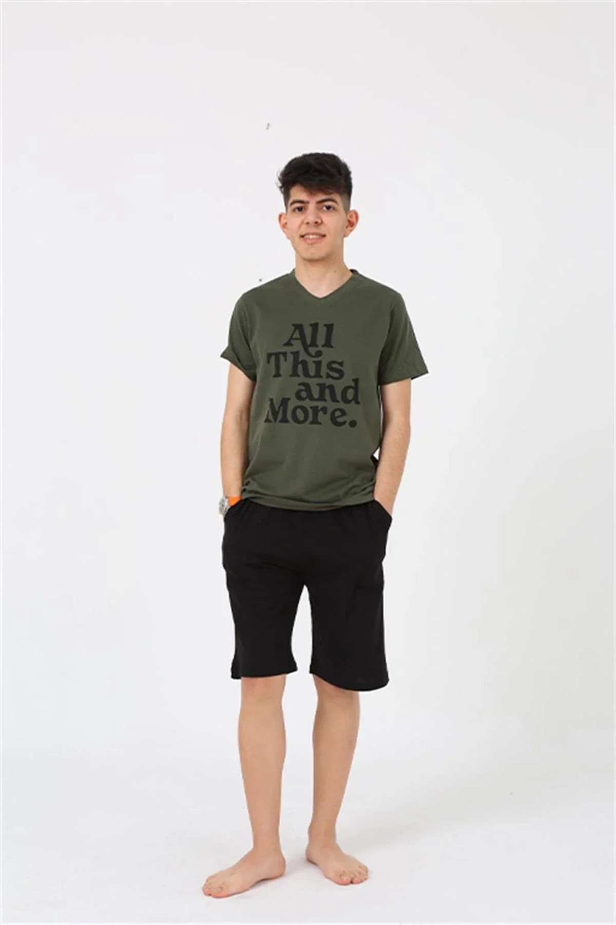 pilelistore Erkek Genç Garson Boy Kısa Kol Haki Penye Şortlu Pijama Takımı fotoğrafı 3 (önizleme)