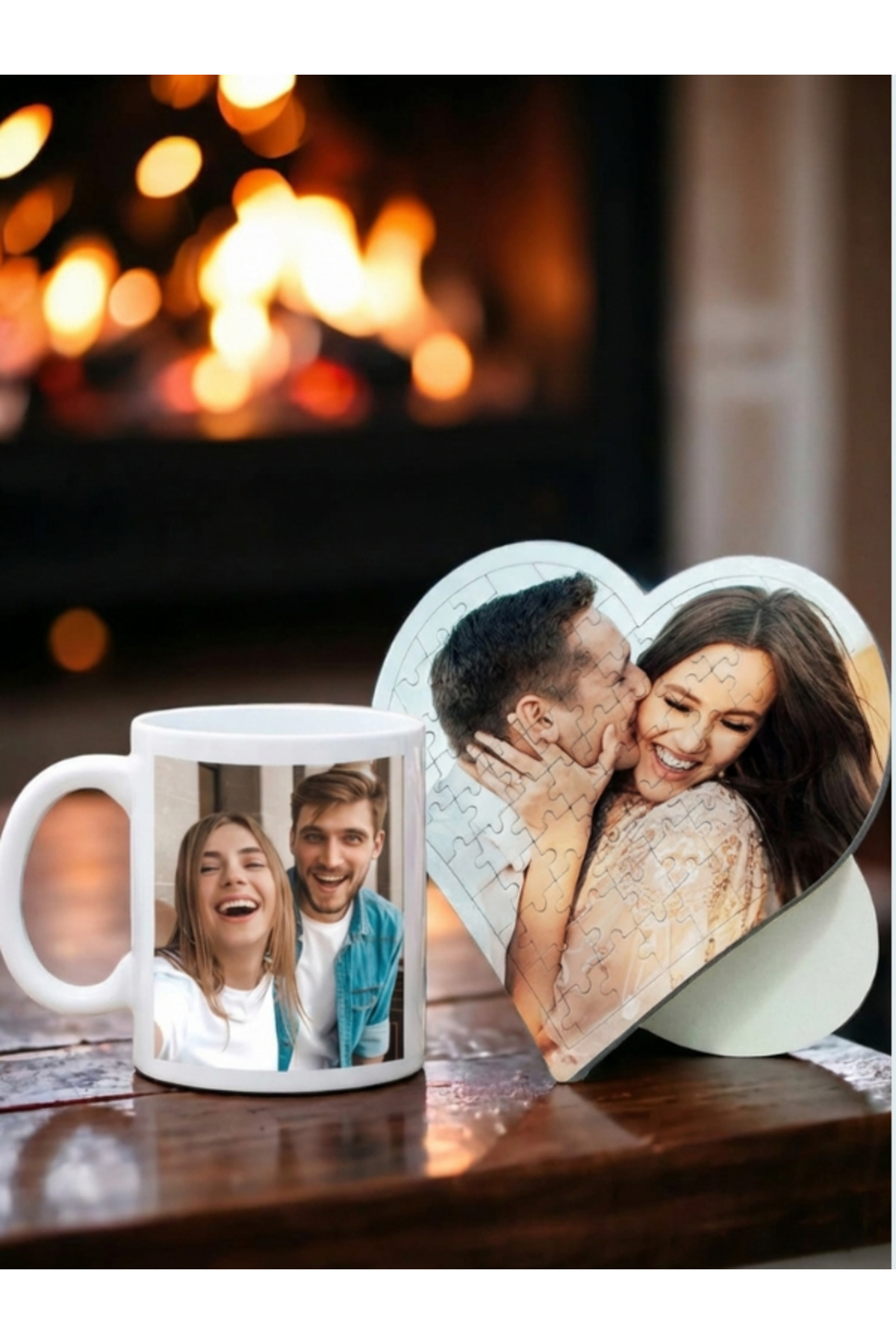 Sevgililer Gününe ve Kişiye Özel Fotoğraflı Kalp Puzzle ve Kupa Bardak 2 Li Takım