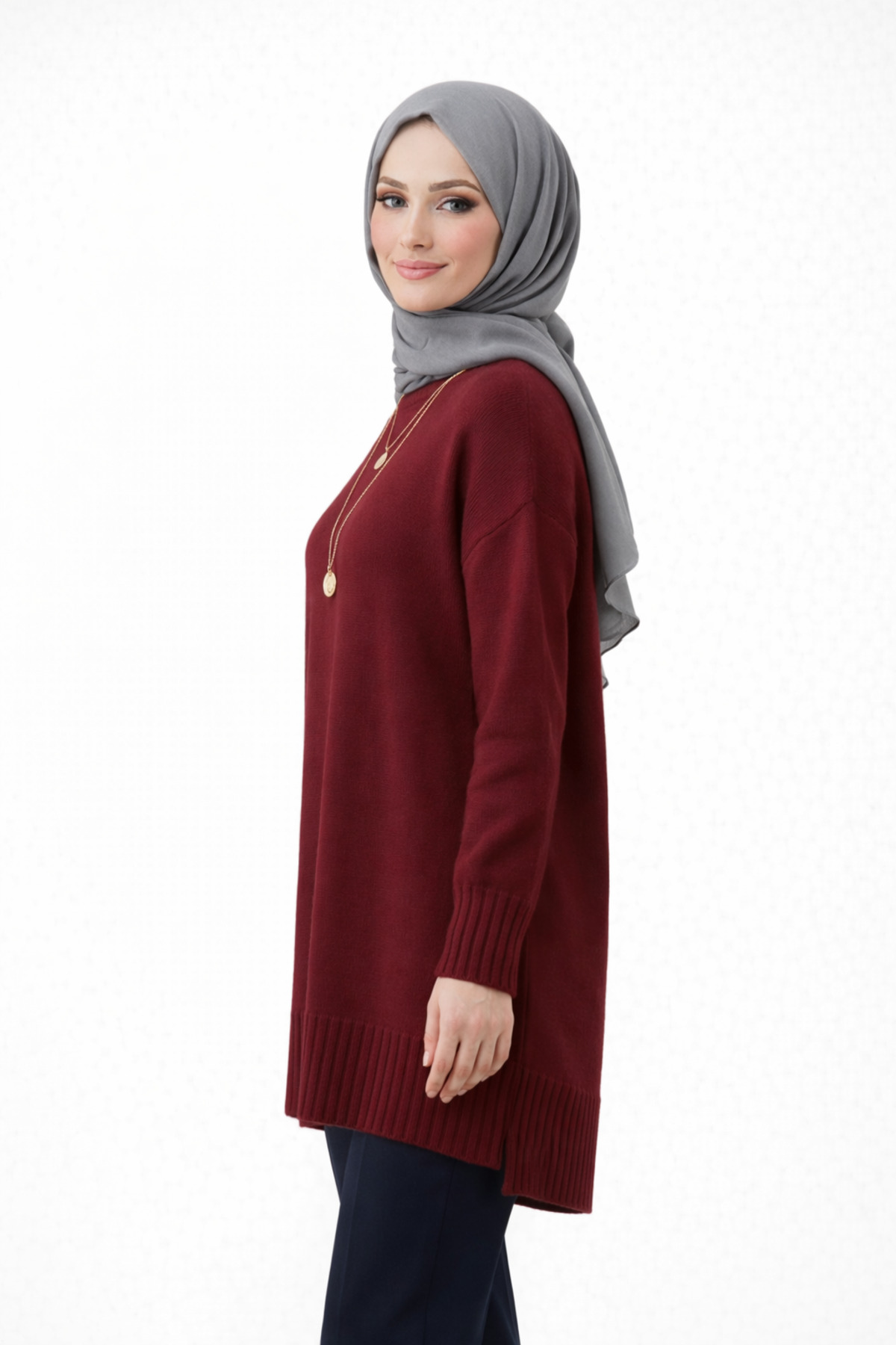 KAREL BUTİK Bordo Bisiklet Yaka Oversize Kadın Kazak Tunik görsel 2