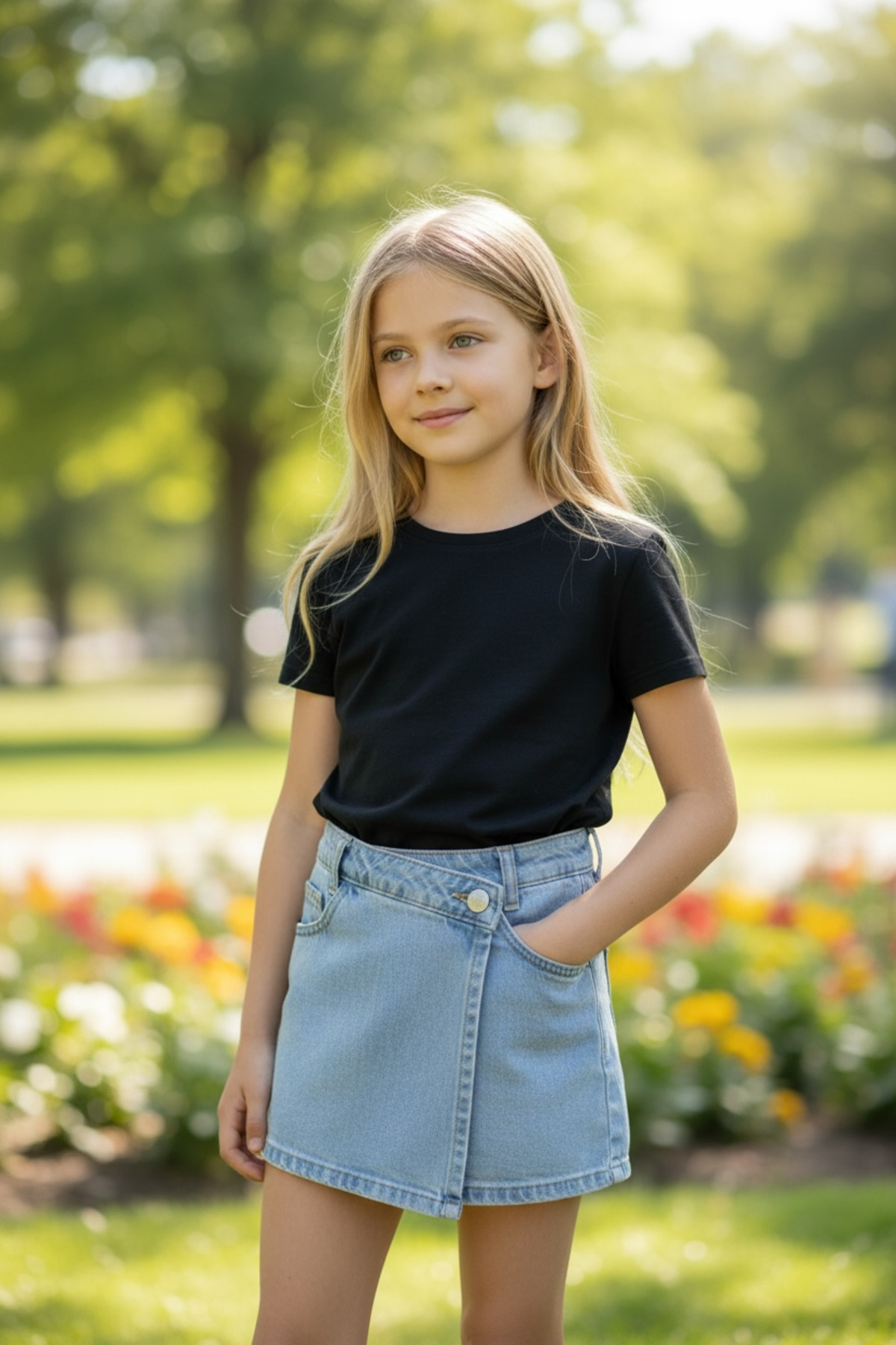 ASL GOLF CLUB  Kız Çocuk Açık Mavi Denim %100 Pamuk Şort Etek 3-14 Yaş - Görsel 3