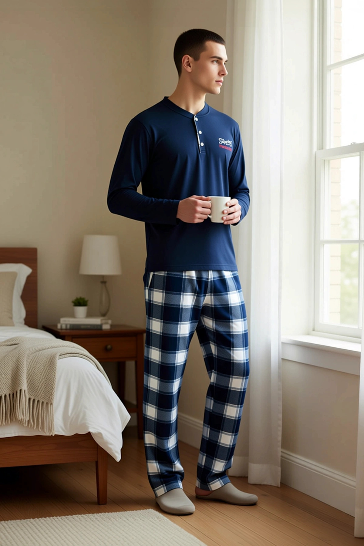 Erkek Bisiklet Yaka Standart Kol Regular Kalıp Örme Polar Pijama Takımı Şık