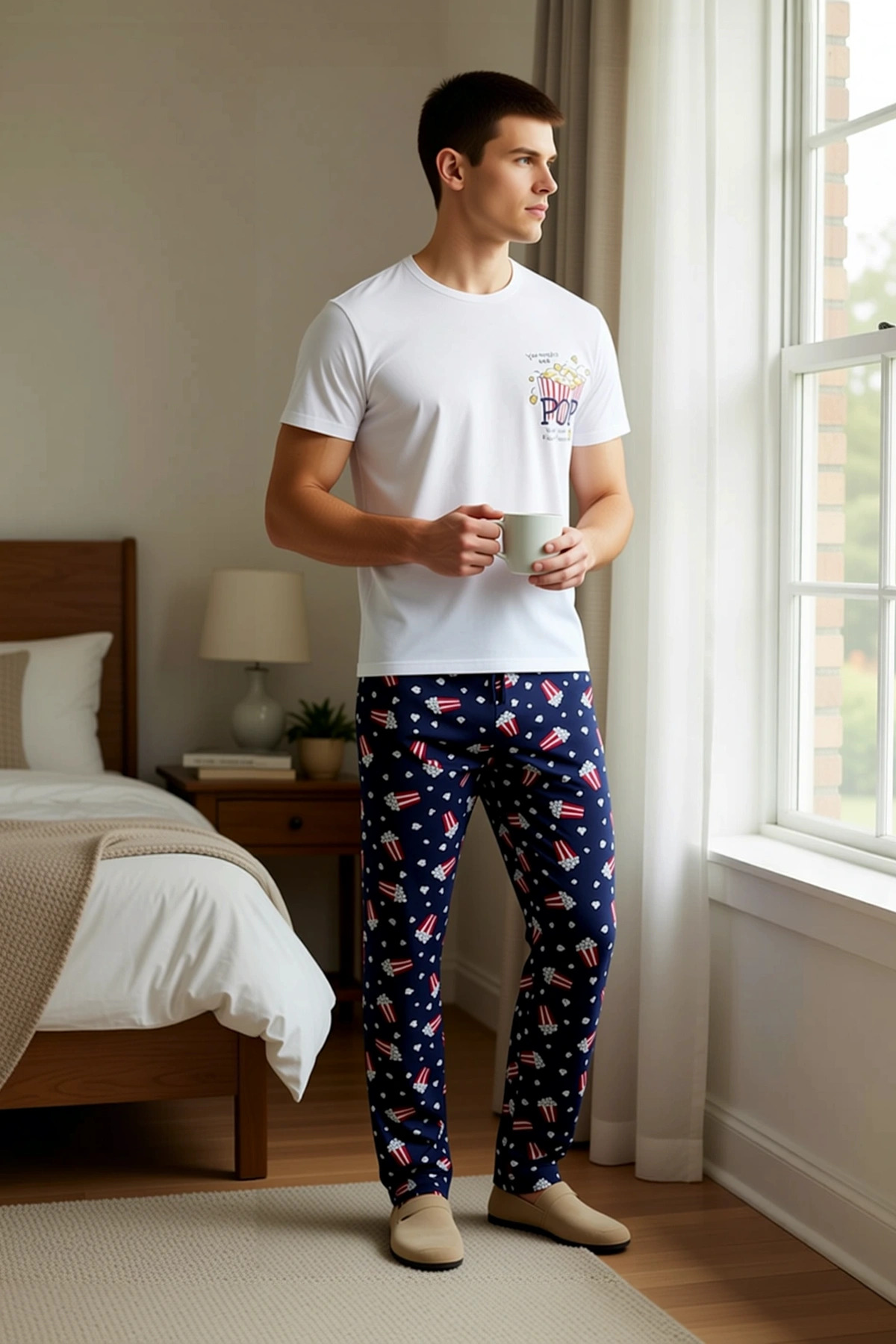 Erkek Bisiklet Yaka Standart Kol Regular Fit Popcorn Baskılı Pijama Takımı Estetik