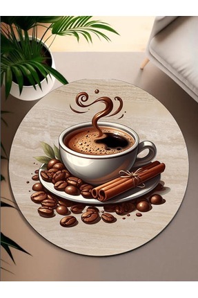 PRINTOPIA Kahve Temalı Yuvarlak Kaymaz Taban Makinede Yıkanabilir Dekoratif M...