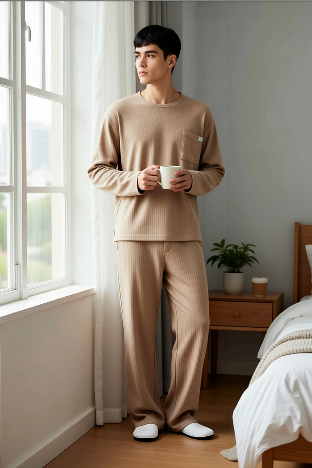 Erkek Bisiklet Yaka Standart Kol Uzun Kollu Regular Fit Örme Pijama Takımı Fonksiyonel Şık