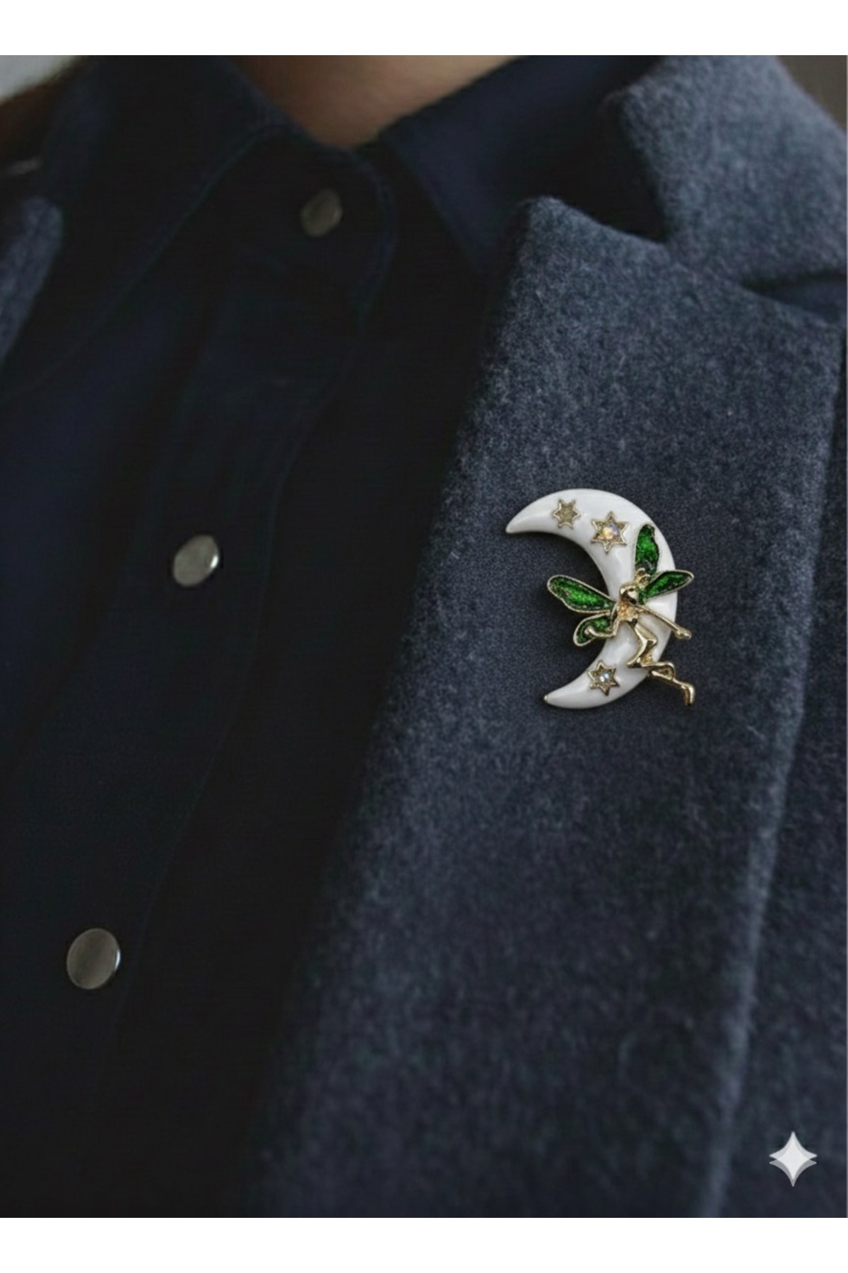 Fairy Shaped Brooch on the Moon – Starry Fantastic Design Lapel Pin, Bag & Jacket Accessory