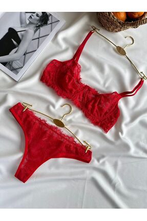 BTB UNDERWEAR Kadın Kırmızı Tam Dantelli Desteksiz Balenli Bralet ve Tanga Al...