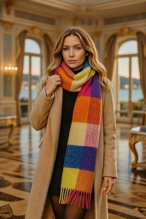 OFFO Fuşya Ekose Desenli Tüylü Örgü Atkı - Fuşya Sarı Mavi Turuncu Kareli Püs...