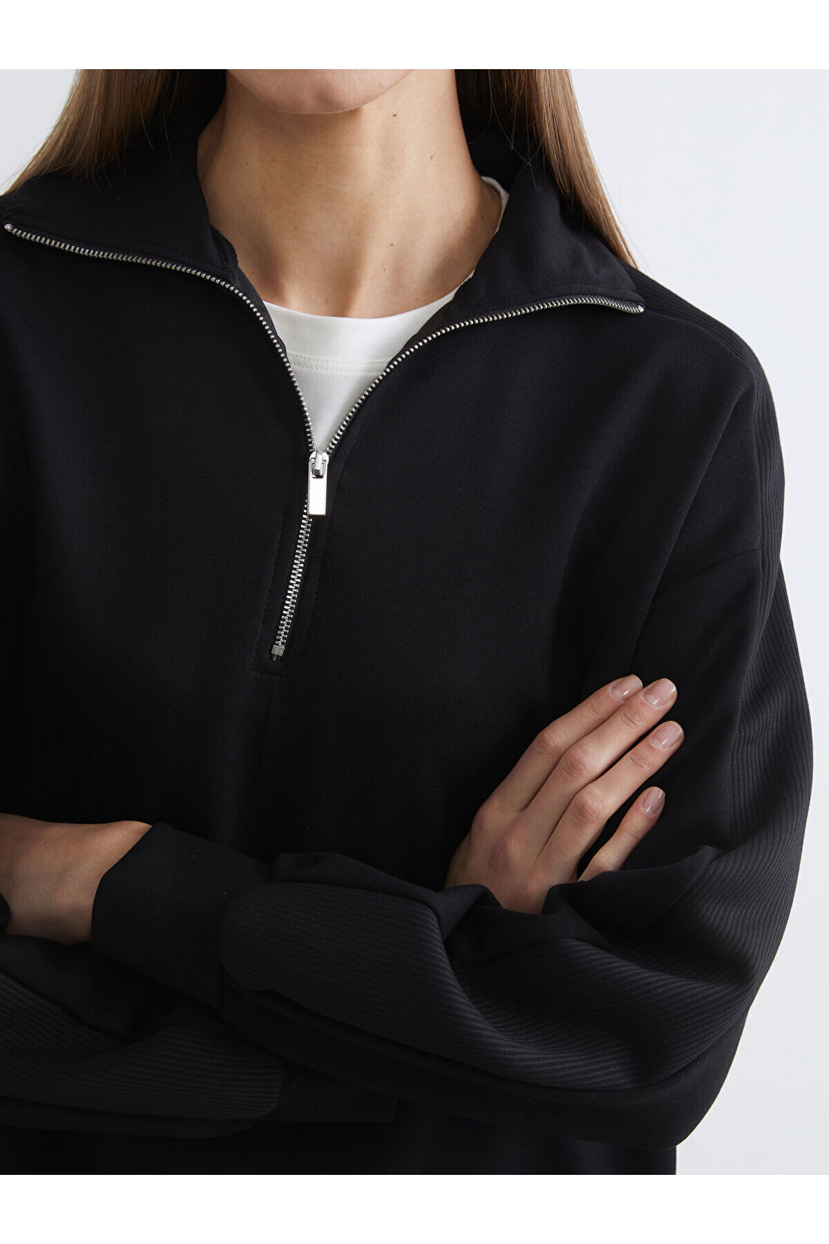 LC Waikiki LCW Comfort Siyah Dik Yaka Kadın Fermuarlı Sweatshirt