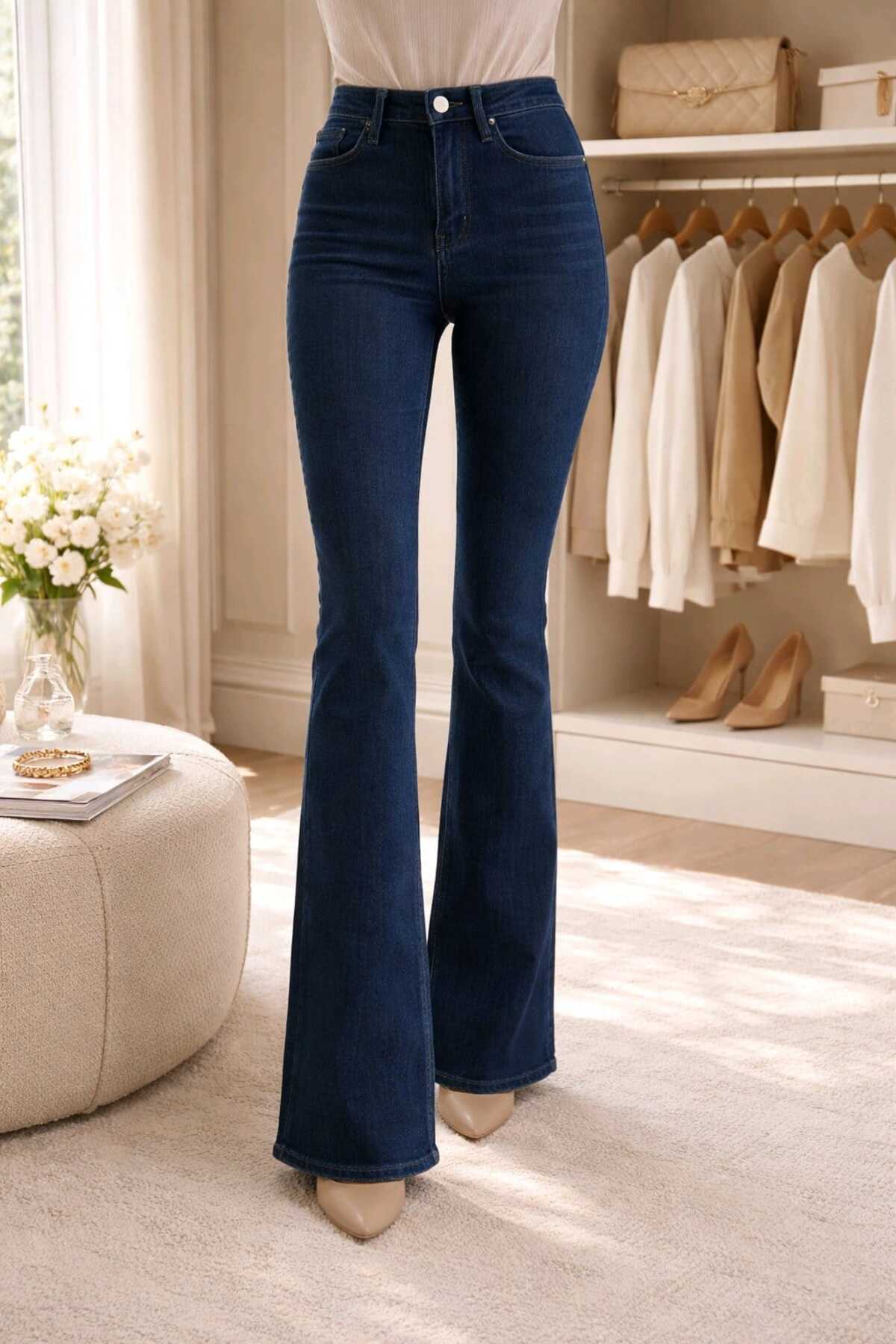 NWC  İspanyol Paça Flare Jeans Kot Pantolon Yüksek Bel Koyu Mavi Likralı (Yazlık İnce Kumas Süper Esnek) - Görsel 3